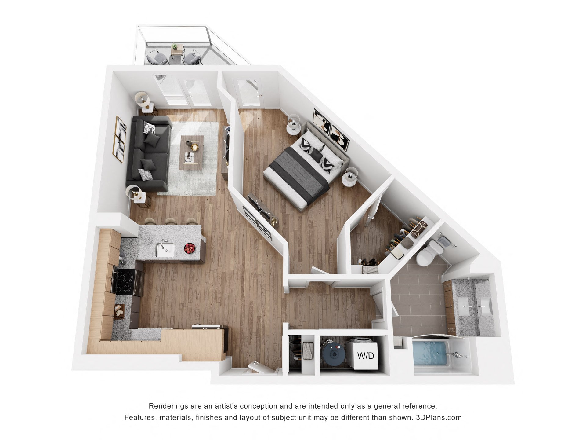 Floor plan for 1 bed, 1 bath, 715 sqft